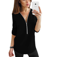 Load image into Gallery viewer, Cremallera de manga corta camisas de mujer Sexy V cuello sólido tops y blusas para mujer Casual Tee camisas tops ropa de mujer de talla grande 5XL