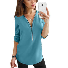 Load image into Gallery viewer, Cremallera de manga corta camisas de mujer Sexy V cuello sólido tops y blusas para mujer Casual Tee camisas tops ropa de mujer de talla grande 5XL