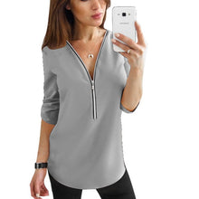 Load image into Gallery viewer, Cremallera de manga corta camisas de mujer Sexy V cuello sólido tops y blusas para mujer Casual Tee camisas tops ropa de mujer de talla grande 5XL