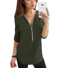 Load image into Gallery viewer, Cremallera de manga corta camisas de mujer Sexy V cuello sólido tops y blusas para mujer Casual Tee camisas tops ropa de mujer de talla grande 5XL