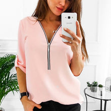 Load image into Gallery viewer, Cremallera de manga corta camisas de mujer Sexy V cuello sólido tops y blusas para mujer Casual Tee camisas tops ropa de mujer de talla grande 5XL