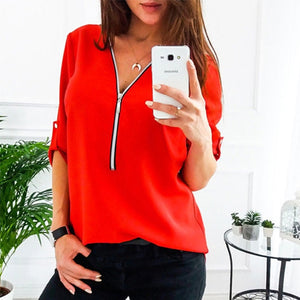 Cremallera de manga corta camisas de mujer Sexy V cuello sólido tops y blusas para mujer Casual Tee camisas tops ropa de mujer de talla grande 5XL