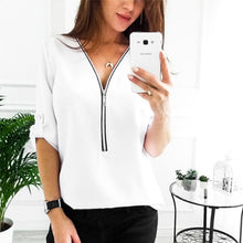 Load image into Gallery viewer, Cremallera de manga corta camisas de mujer Sexy V cuello sólido tops y blusas para mujer Casual Tee camisas tops ropa de mujer de talla grande 5XL
