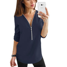 Load image into Gallery viewer, Cremallera de manga corta camisas de mujer Sexy V cuello sólido tops y blusas para mujer Casual Tee camisas tops ropa de mujer de talla grande 5XL
