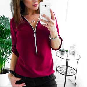Cremallera de manga corta camisas de mujer Sexy V cuello sólido tops y blusas para mujer Casual Tee camisas tops ropa de mujer de talla grande 5XL