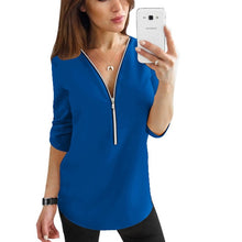 Load image into Gallery viewer, Cremallera de manga corta camisas de mujer Sexy V cuello sólido tops y blusas para mujer Casual Tee camisas tops ropa de mujer de talla grande 5XL