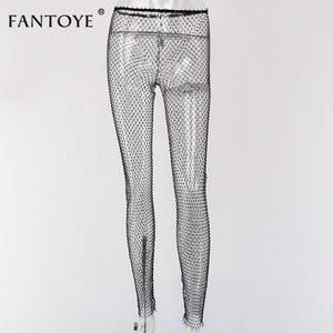 Fantoye Crystal Diamond Mesh Pants Women Sexy Summer Hollow Out Transparent Loose Long Fishnet Pants 2020 New BeachWear Trousers