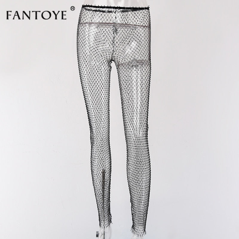 Fantoye Crystal Diamond Mesh Pants Women Sexy Summer Hollow Out Transparent Loose Long Fishnet Pants 2020 New BeachWear Trousers