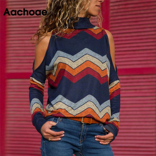 Blusas femininas sexy ombro frio topos casual gola alta de malha jumper pulôver impressão camisa de manga comprida blusas mujer