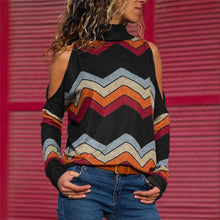 Load image into Gallery viewer, Blusas femininas sexy ombro frio topos casual gola alta de malha jumper pulôver impressão camisa de manga comprida blusas mujer