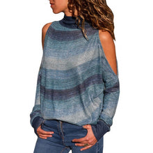 Load image into Gallery viewer, Blusas femininas sexy ombro frio topos casual gola alta de malha jumper pulôver impressão camisa de manga comprida blusas mujer