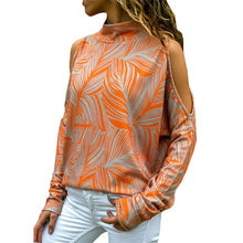 Load image into Gallery viewer, Blusas femininas sexy ombro frio topos casual gola alta de malha jumper pulôver impressão camisa de manga comprida blusas mujer