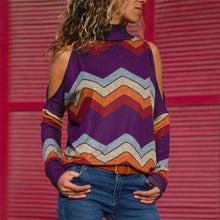 Load image into Gallery viewer, Blusas femininas sexy ombro frio topos casual gola alta de malha jumper pulôver impressão camisa de manga comprida blusas mujer
