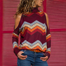 Load image into Gallery viewer, Blusas femininas sexy ombro frio topos casual gola alta de malha jumper pulôver impressão camisa de manga comprida blusas mujer