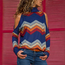 Load image into Gallery viewer, Blusas femininas sexy ombro frio topos casual gola alta de malha jumper pulôver impressão camisa de manga comprida blusas mujer