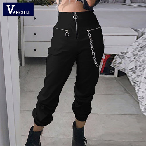 Vangull harajuku zipper streetwear women casual harem pants with chain New solid black pant cool fashion hip hop long trousers