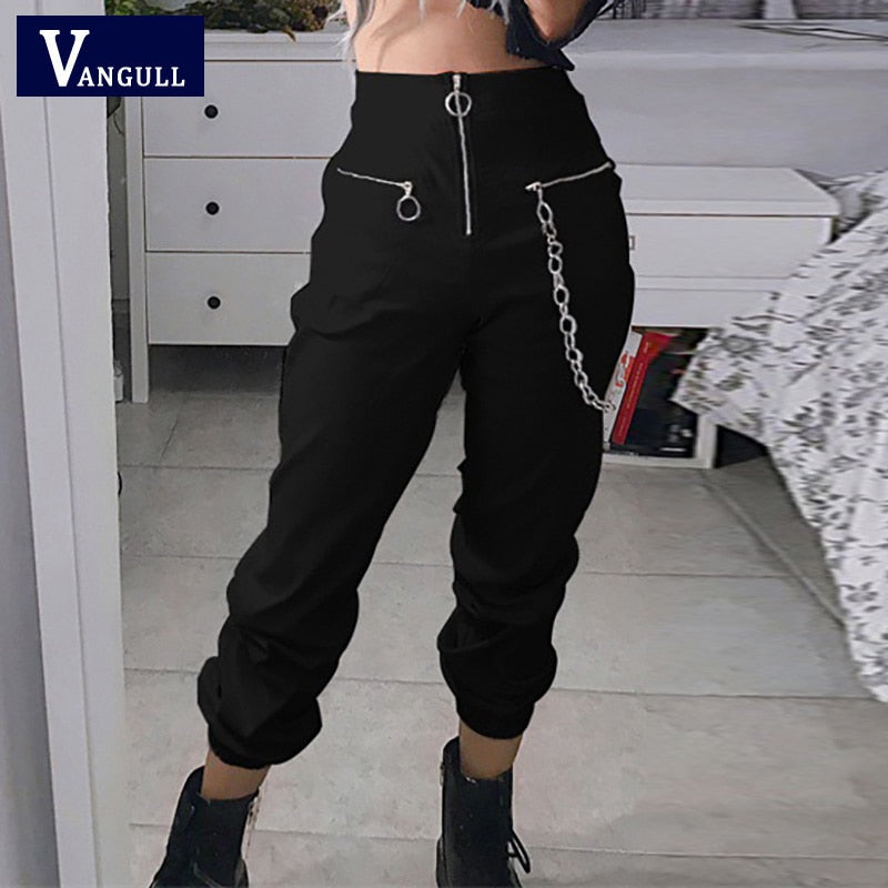 Vangull harajuku zipper streetwear women casual harem pants with chain New solid black pant cool fashion hip hop long trousers